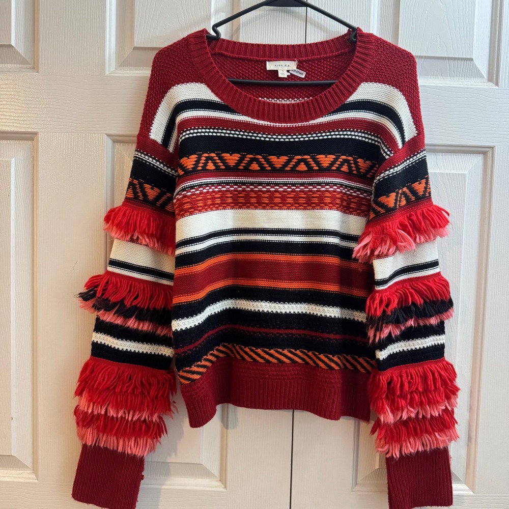 Gilli Western Aztec Stripe Fringe Sleeve Sweater Boho Boutique Size S Southwest